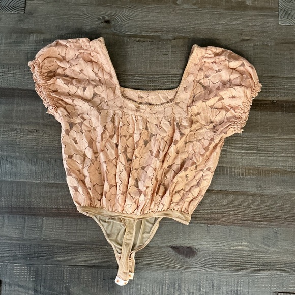 Free People Cotton Blend Peach Mesh Flower Lace Body Suit - Picture 6 of 6